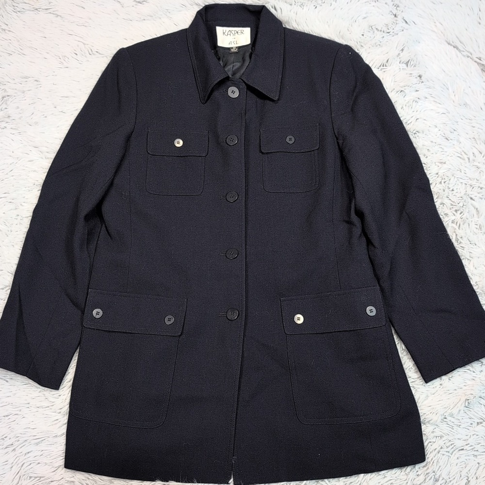 Vintage Kasper Jacket Womens 10 Blue Wool Coat Pockets Button Up Career Preppy